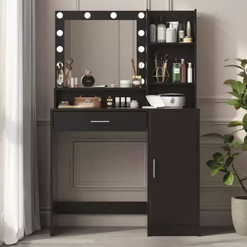 Coiffeuse moderne avec miroir et lumières LED réglables, grande table de maquillage avec rangement à trois niveaux, pour chambres à coucher