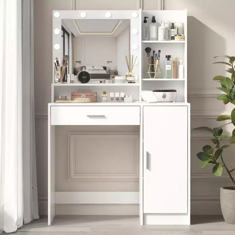Coiffeuse moderne avec miroir et lumières LED réglables, grande table de maquillage avec rangement à trois niveaux, pour chambres à coucher