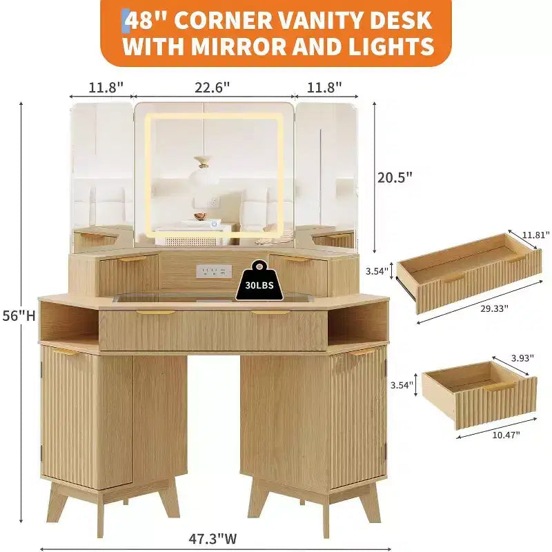 Coiffeuse cannelée avec miroir, plateau en verre, armoire et tiroirs, table de maquillage
