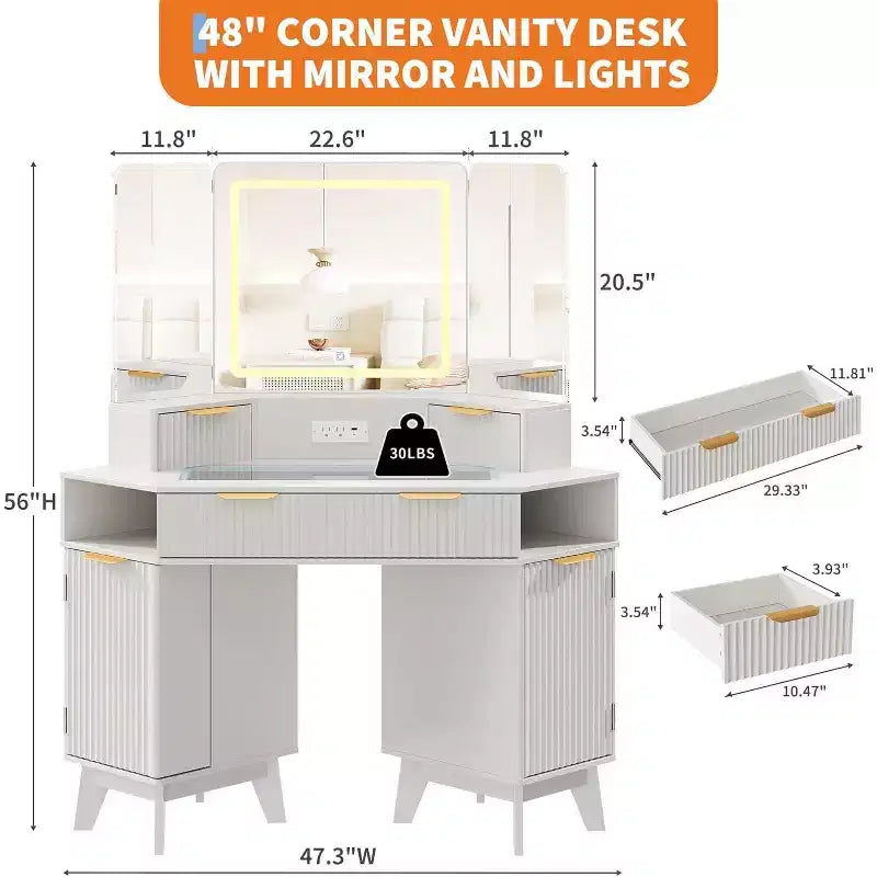 Coiffeuse cannelée avec miroir, plateau en verre, armoire et tiroirs, table de maquillage