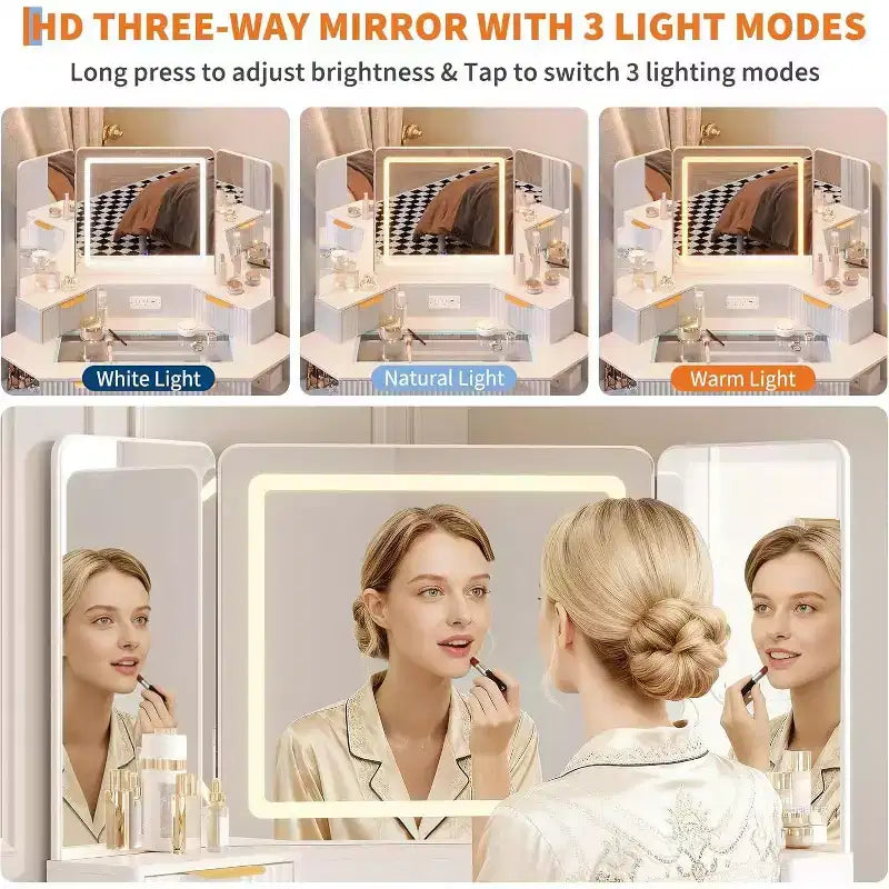 Coiffeuse cannelée avec miroir, plateau en verre, armoire et tiroirs, table de maquillage