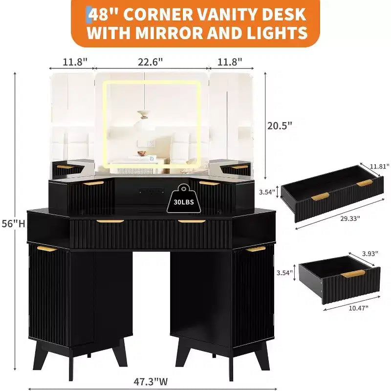 Coiffeuse cannelée avec miroir, plateau en verre, armoire et tiroirs, table de maquillage