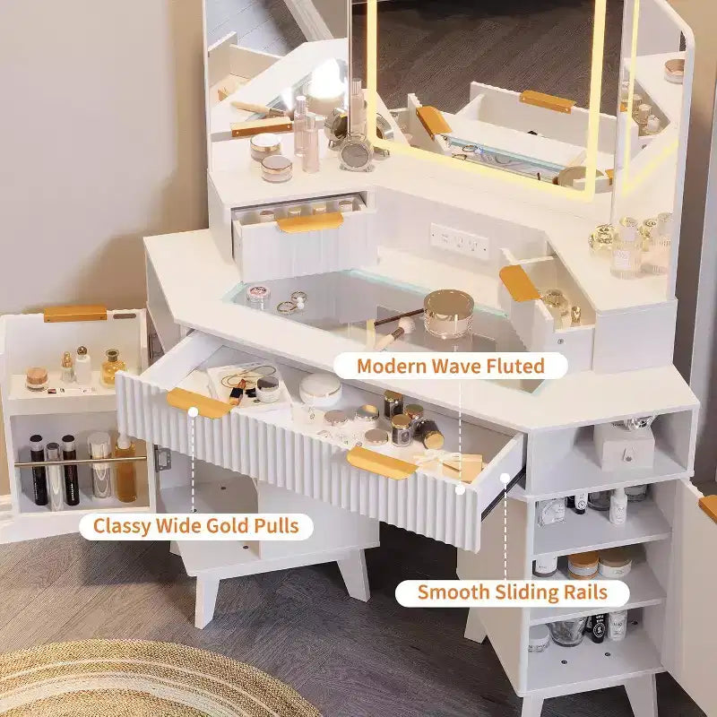Coiffeuse cannelée avec miroir, plateau en verre, armoire et tiroirs, table de maquillage