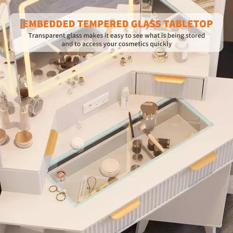 Coiffeuse cannelée avec miroir, plateau en verre, armoire et tiroirs, table de maquillage