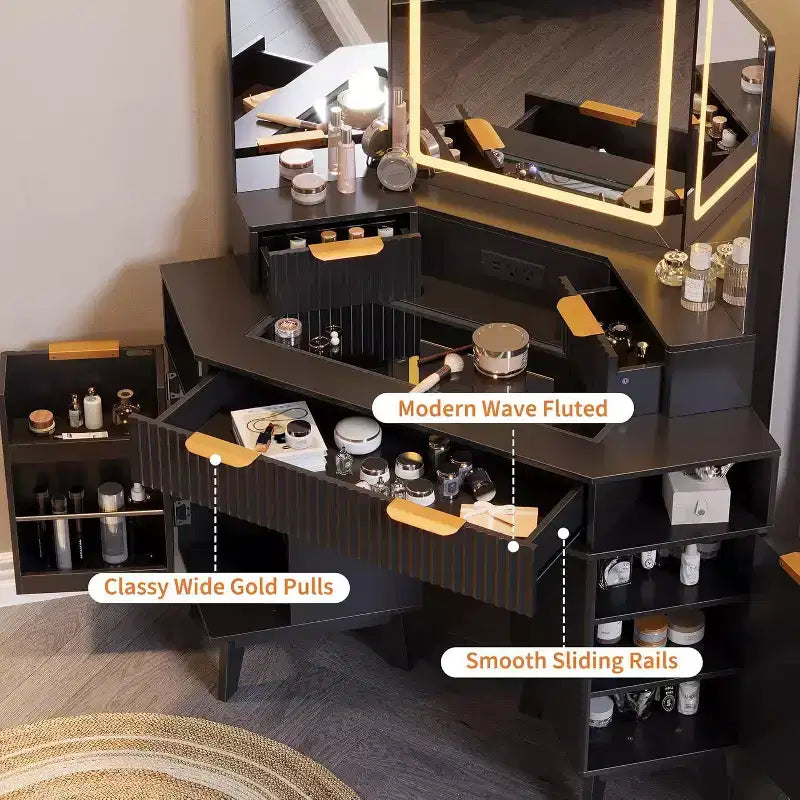 Fluted Vanity Table with Mirror, Glass Top, Cabinet and Drawers, Makeup Desk