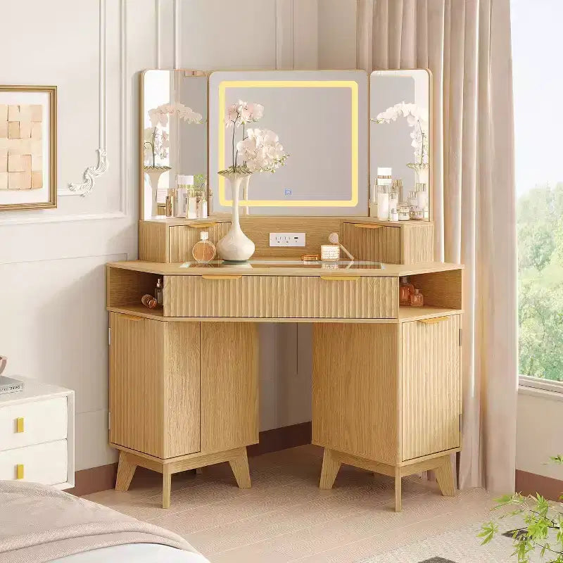 Fluted Vanity Table with Mirror, Glass Top, Cabinet and Drawers, Makeup Desk