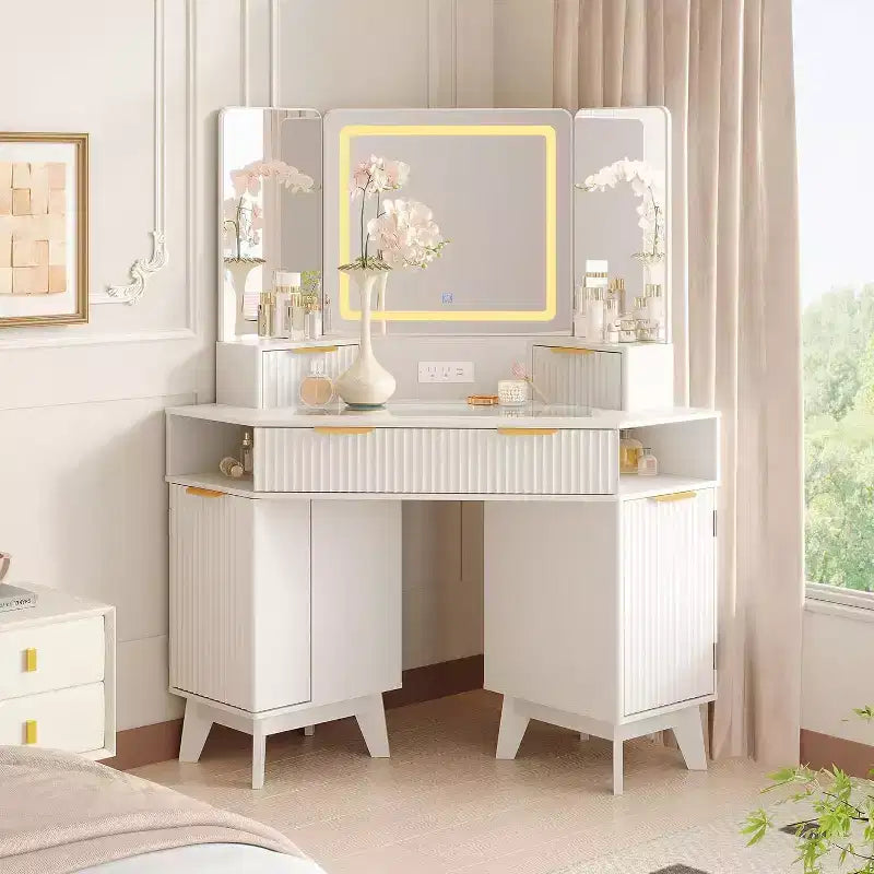 Fluted Vanity Table with Mirror, Glass Top, Cabinet and Drawers, Makeup Desk
