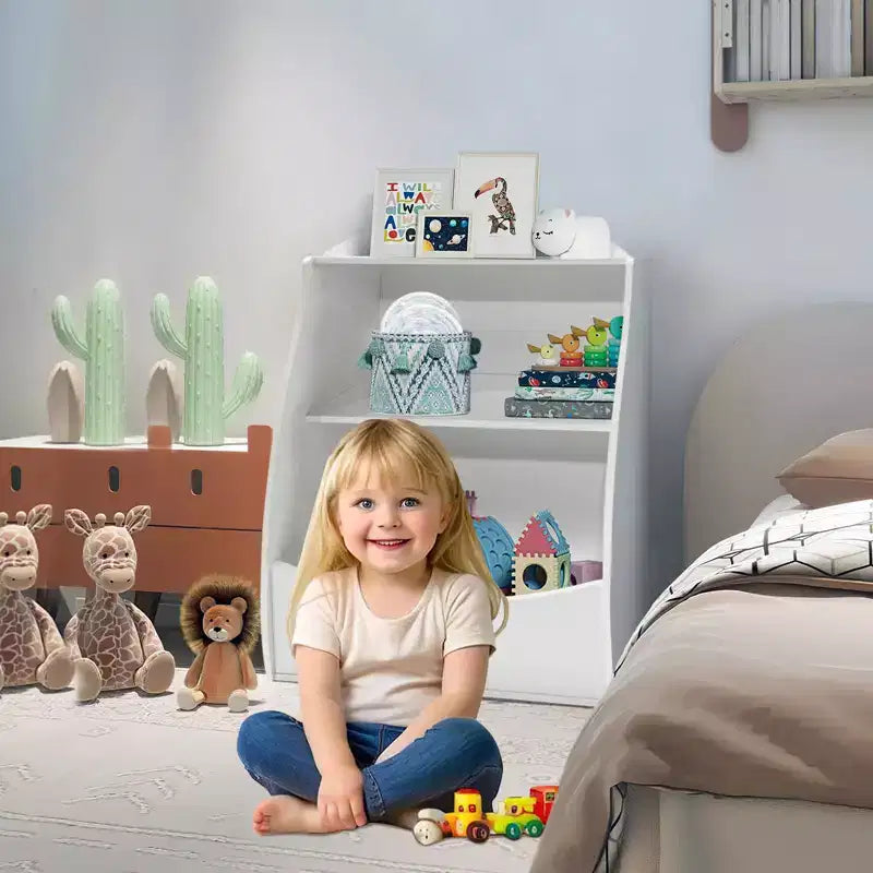 Children's Bookshelf - Book Storage Organizer, Double Layer Kids Toy Storage Cabinet with Open Compartments for Bedroom, Kids Room, Playroom