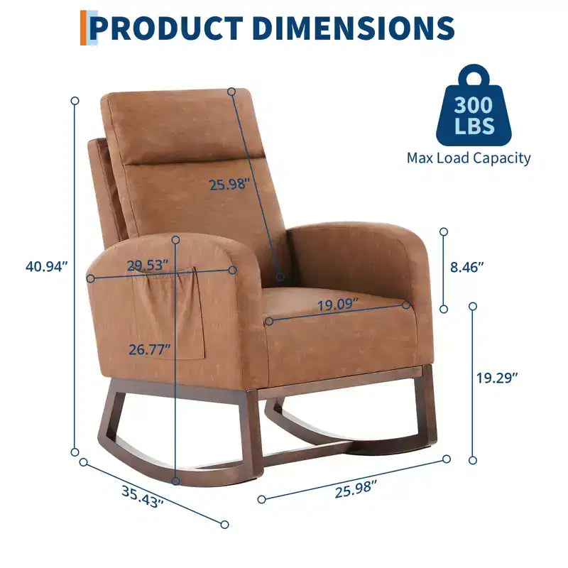 Fauteuil à bascule rembourré avec dossier haut et pieds en bois, fauteuil à bascule confortable pour chambre d'enfant avec poche latérale pour salon