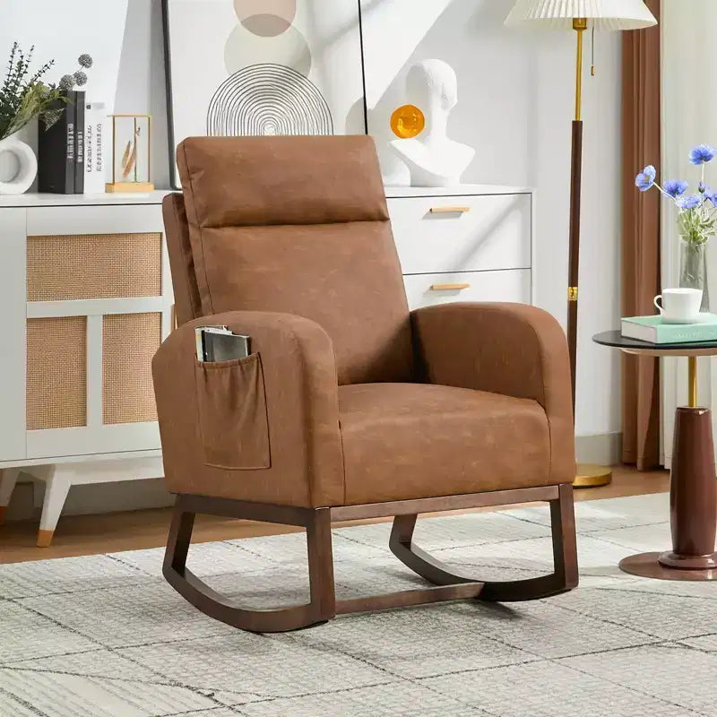 Fauteuil à bascule rembourré avec dossier haut et pieds en bois, fauteuil à bascule confortable pour chambre d'enfant avec poche latérale pour salon