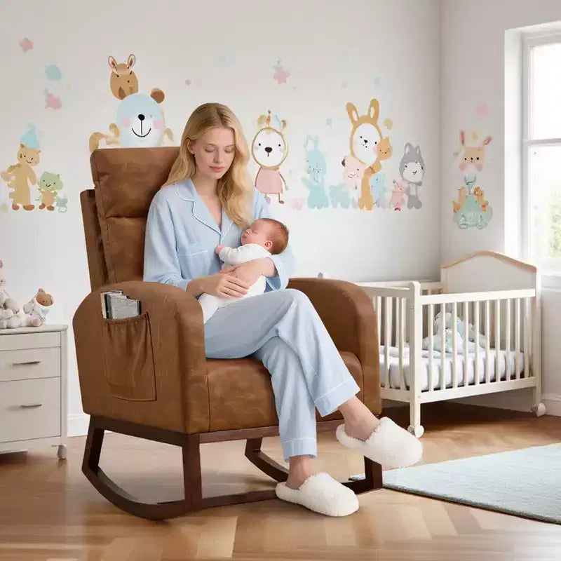 Fauteuil à bascule rembourré avec dossier haut et pieds en bois, fauteuil à bascule confortable pour chambre d'enfant avec poche latérale pour salon