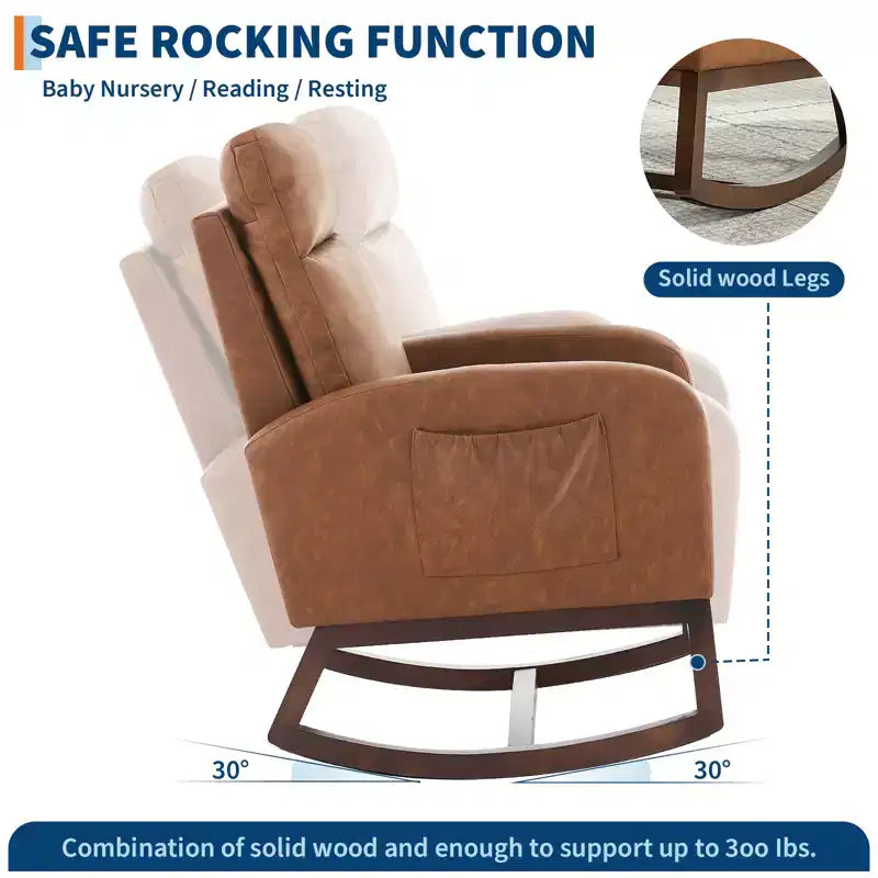 Fauteuil à bascule rembourré avec dossier haut et pieds en bois, fauteuil à bascule confortable pour chambre d'enfant avec poche latérale pour salon