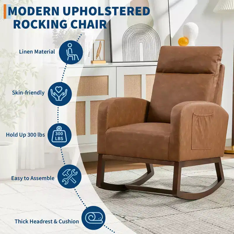 Fauteuil à bascule rembourré avec dossier haut et pieds en bois, fauteuil à bascule confortable pour chambre d'enfant avec poche latérale pour salon