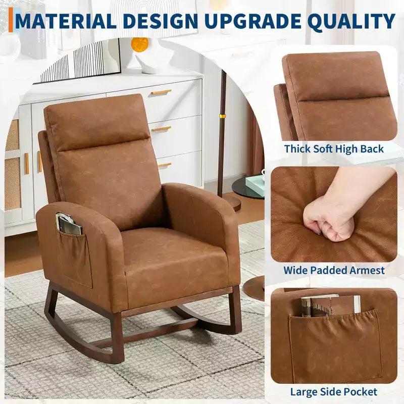 Fauteuil à bascule rembourré avec dossier haut et pieds en bois, fauteuil à bascule confortable pour chambre d'enfant avec poche latérale pour salon
