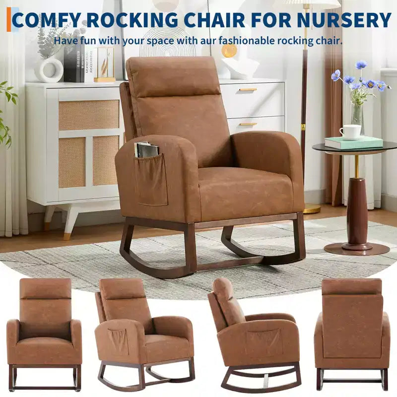 Fauteuil à bascule rembourré avec dossier haut et pieds en bois, fauteuil à bascule confortable pour chambre d'enfant avec poche latérale pour salon