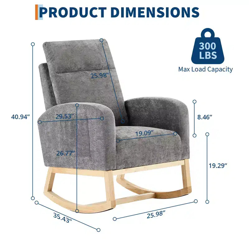 Fauteuil à bascule rembourré avec dossier haut et pieds en bois, fauteuil à bascule confortable pour chambre d'enfant avec poche latérale pour salon