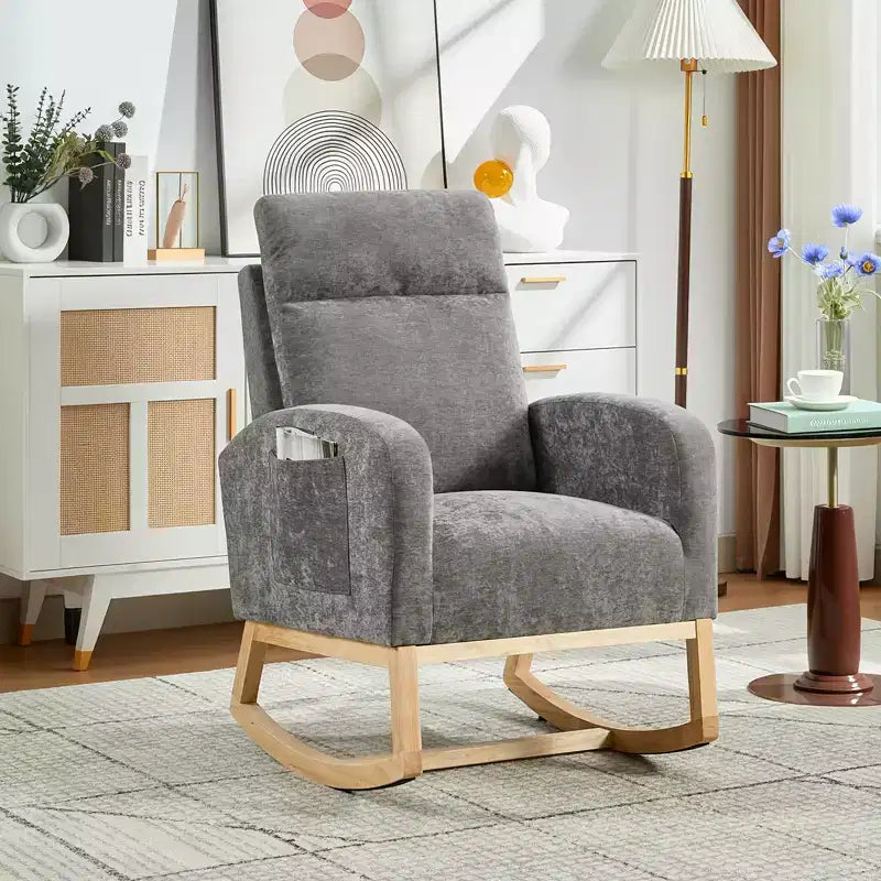 Fauteuil à bascule rembourré avec dossier haut et pieds en bois, fauteuil à bascule confortable pour chambre d'enfant avec poche latérale pour salon