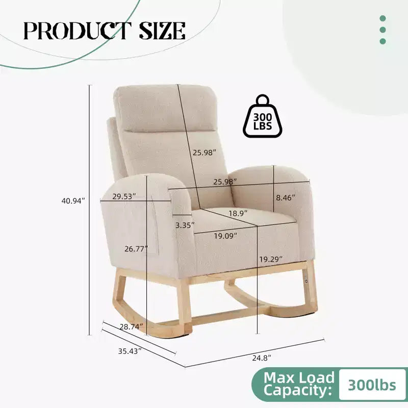 Fauteuil à bascule rembourré avec dossier haut et pieds en bois, fauteuil à bascule confortable pour chambre d'enfant avec poche latérale pour salon