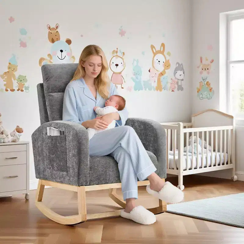 Fauteuil à bascule rembourré avec dossier haut et pieds en bois, fauteuil à bascule confortable pour chambre d'enfant avec poche latérale pour salon