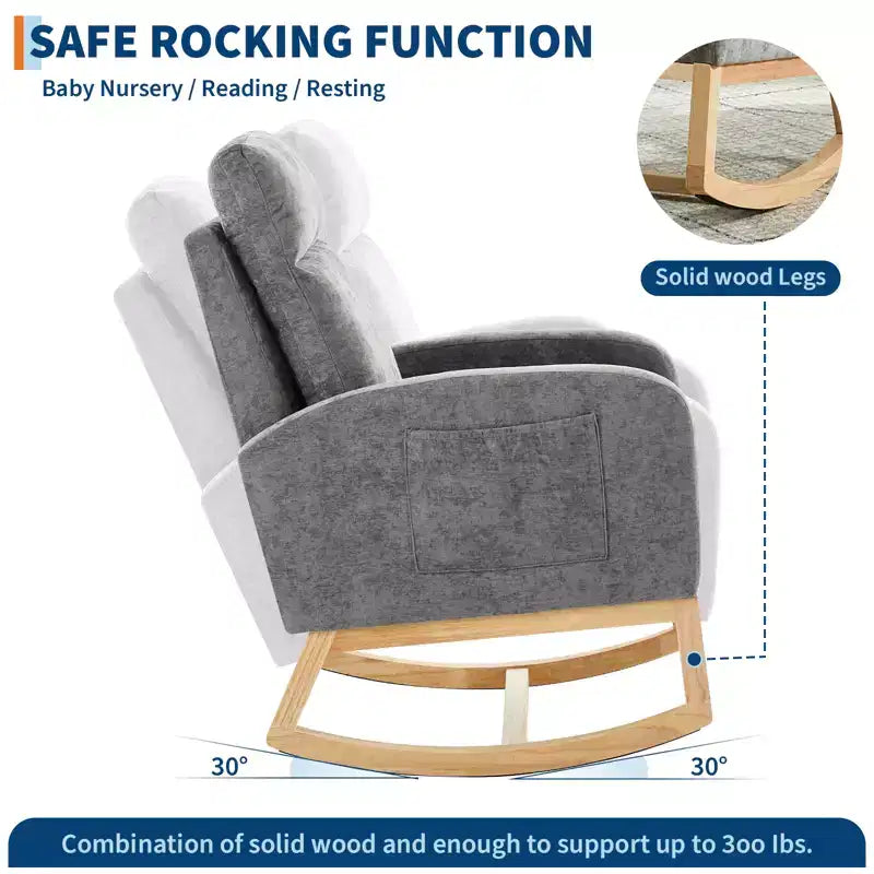 Fauteuil à bascule rembourré avec dossier haut et pieds en bois, fauteuil à bascule confortable pour chambre d'enfant avec poche latérale pour salon