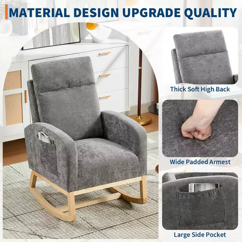 Fauteuil à bascule rembourré avec dossier haut et pieds en bois, fauteuil à bascule confortable pour chambre d'enfant avec poche latérale pour salon