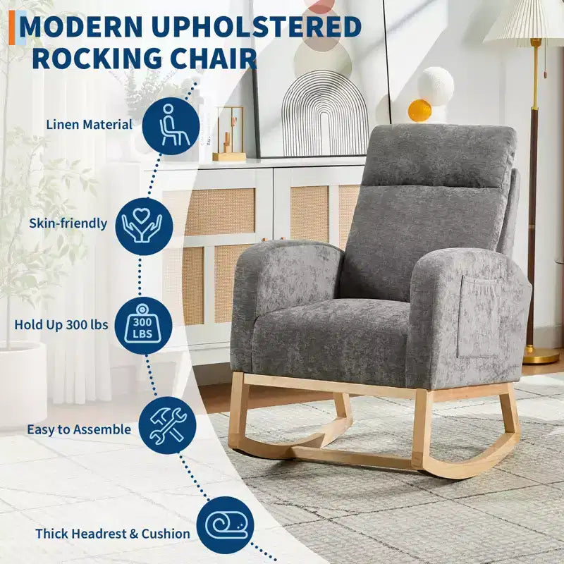 Fauteuil à bascule rembourré avec dossier haut et pieds en bois, fauteuil à bascule confortable pour chambre d'enfant avec poche latérale pour salon