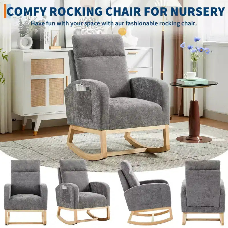 Fauteuil à bascule rembourré avec dossier haut et pieds en bois, fauteuil à bascule confortable pour chambre d'enfant avec poche latérale pour salon