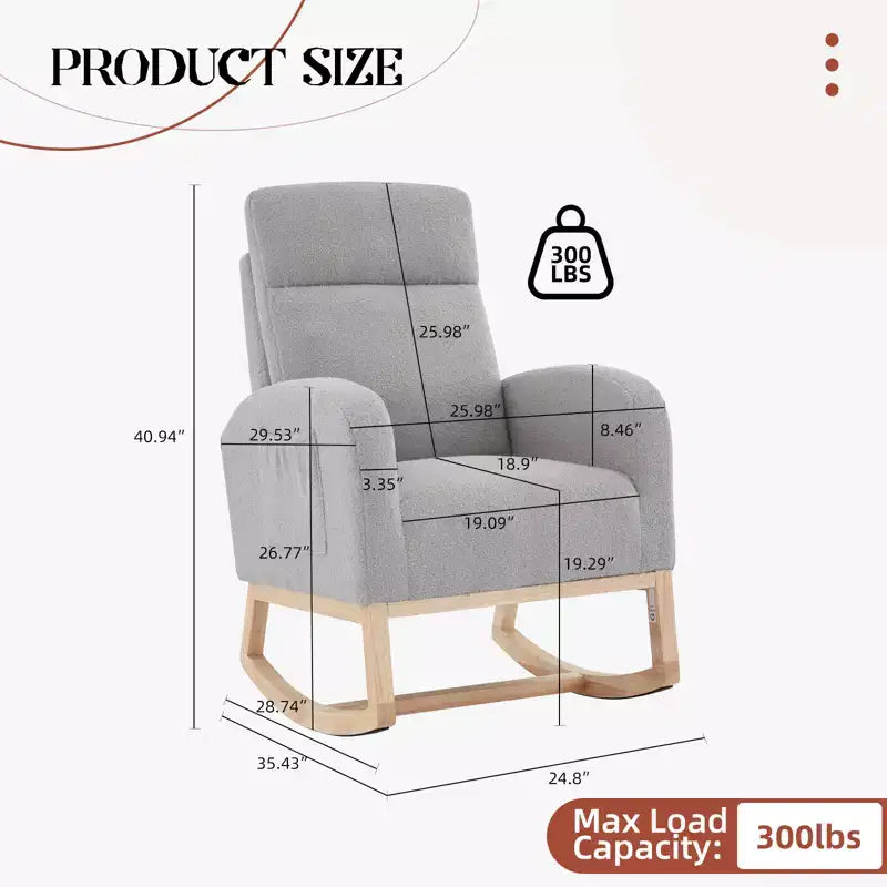 Fauteuil à bascule rembourré avec dossier haut et pieds en bois, fauteuil à bascule confortable pour chambre d'enfant avec poche latérale pour salon