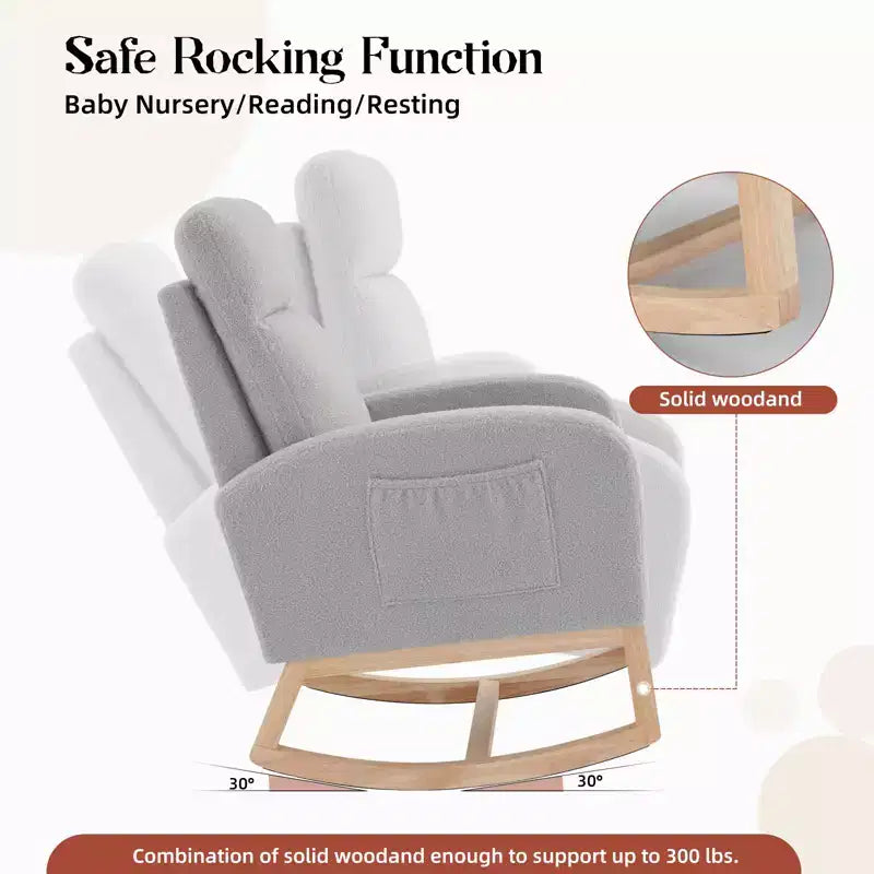 Fauteuil à bascule rembourré avec dossier haut et pieds en bois, fauteuil à bascule confortable pour chambre d'enfant avec poche latérale pour salon