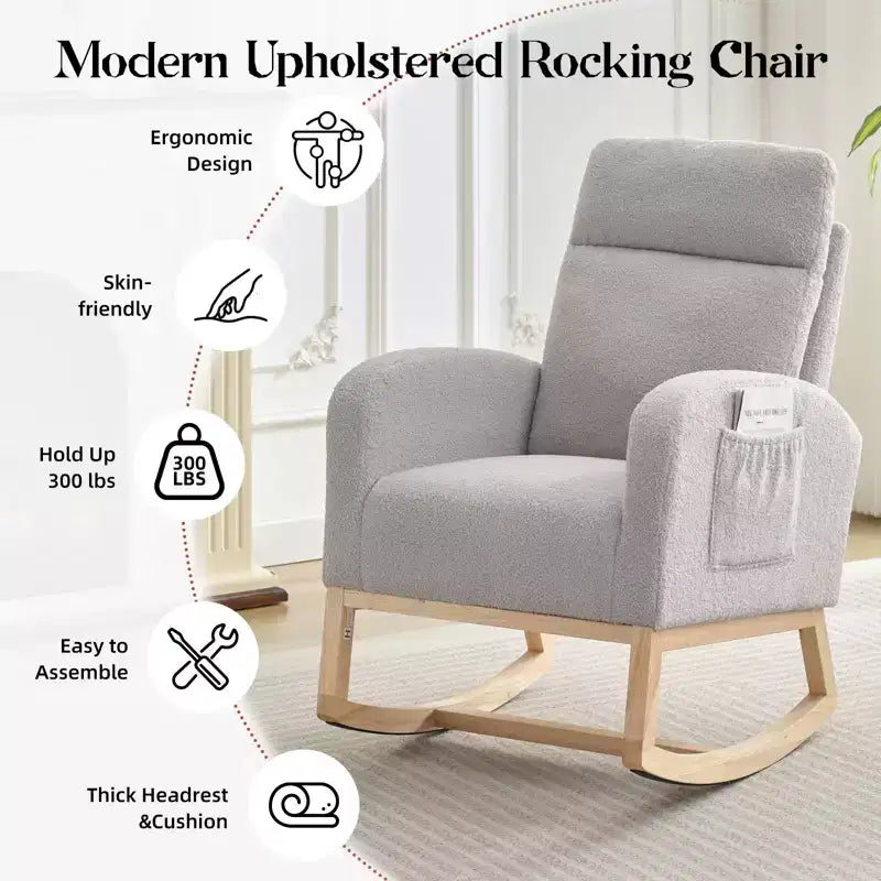 Fauteuil à bascule rembourré avec dossier haut et pieds en bois, fauteuil à bascule confortable pour chambre d'enfant avec poche latérale pour salon