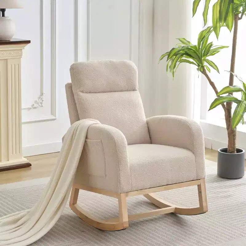 Fauteuil à bascule rembourré avec dossier haut et pieds en bois, fauteuil à bascule confortable pour chambre d'enfant avec poche latérale pour salon