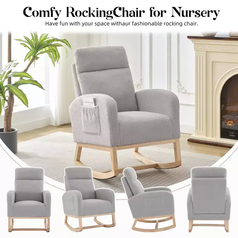 Fauteuil à bascule rembourré avec dossier haut et pieds en bois, fauteuil à bascule confortable pour chambre d'enfant avec poche latérale pour salon