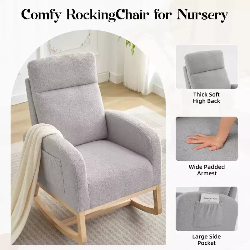 Fauteuil à bascule rembourré avec dossier haut et pieds en bois, fauteuil à bascule confortable pour chambre d'enfant avec poche latérale pour salon