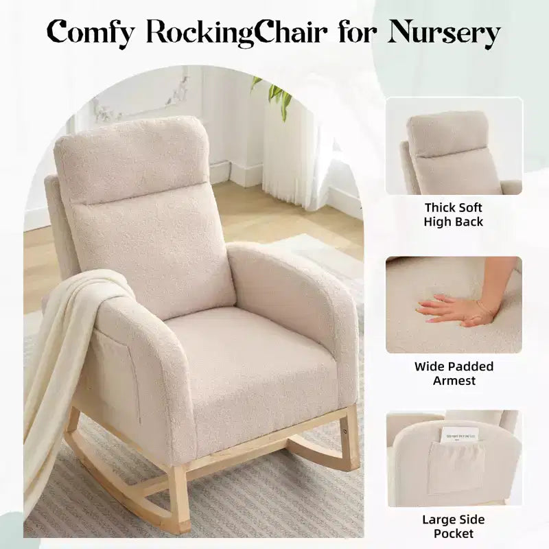 Fauteuil à bascule rembourré avec dossier haut et pieds en bois, fauteuil à bascule confortable pour chambre d'enfant avec poche latérale pour salon