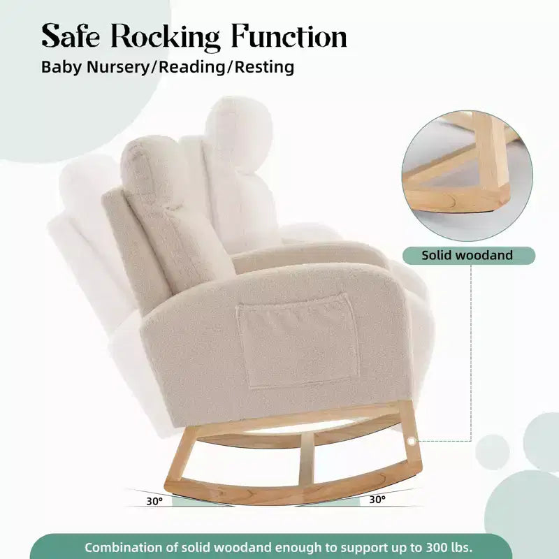 Fauteuil à bascule rembourré avec dossier haut et pieds en bois, fauteuil à bascule confortable pour chambre d'enfant avec poche latérale pour salon