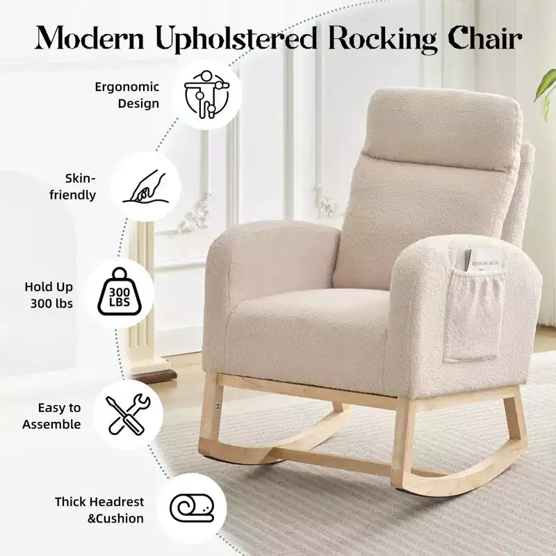 Fauteuil à bascule rembourré avec dossier haut et pieds en bois, fauteuil à bascule confortable pour chambre d'enfant avec poche latérale pour salon