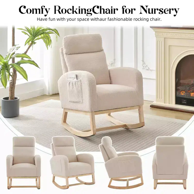 Fauteuil à bascule rembourré avec dossier haut et pieds en bois, fauteuil à bascule confortable pour chambre d'enfant avec poche latérale pour salon