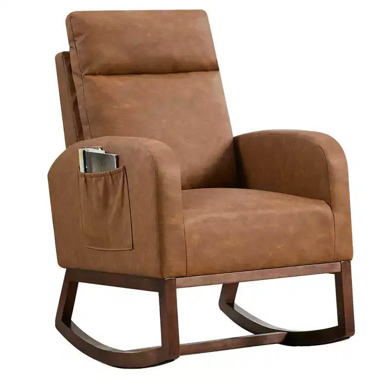 Fauteuil à bascule rembourré avec dossier haut et pieds en bois, fauteuil à bascule confortable pour chambre d'enfant avec poche latérale pour salon