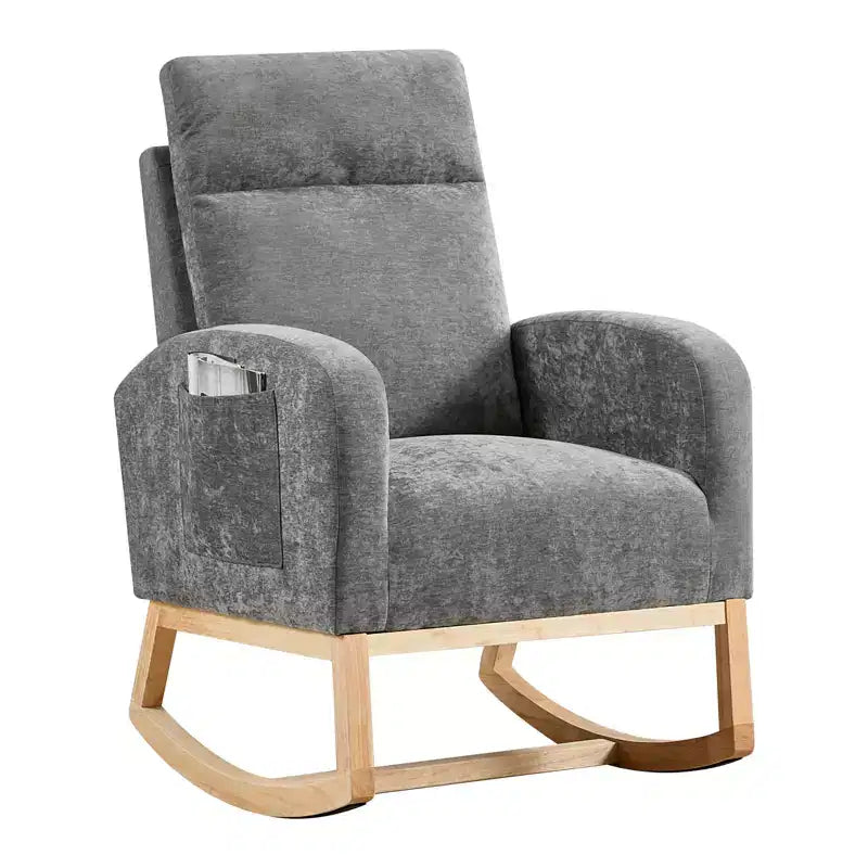 Fauteuil à bascule rembourré avec dossier haut et pieds en bois, fauteuil à bascule confortable pour chambre d'enfant avec poche latérale pour salon