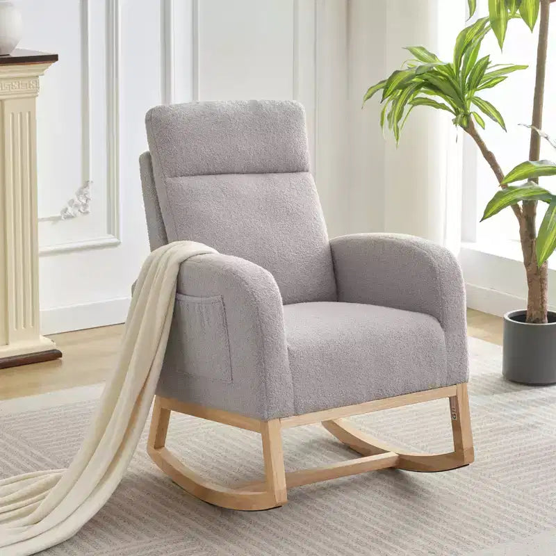 Fauteuil à bascule rembourré avec dossier haut et pieds en bois, fauteuil à bascule confortable pour chambre d'enfant avec poche latérale pour salon