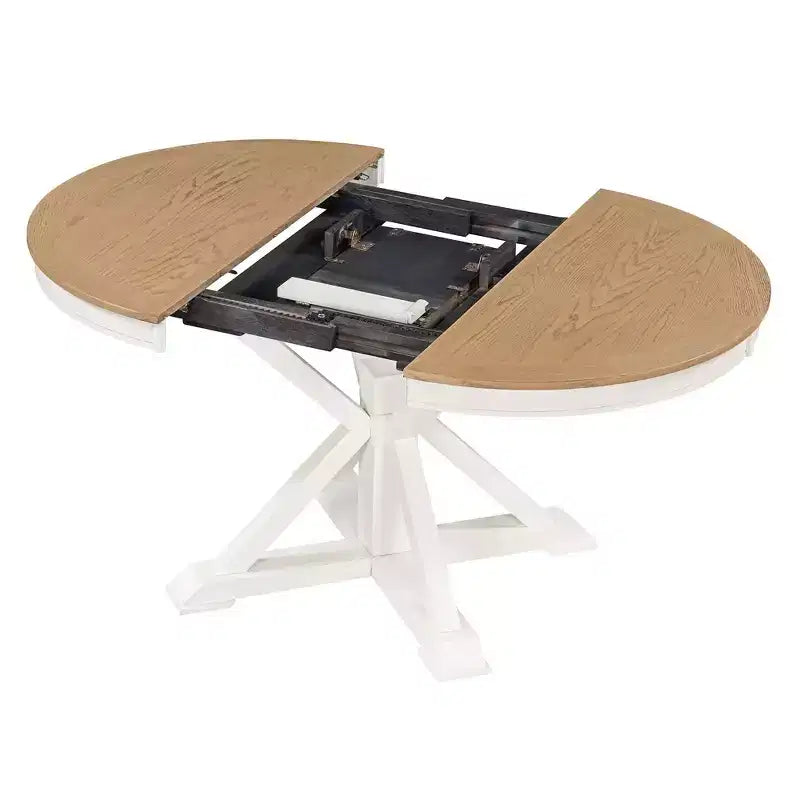 54IN Retro Extendable Dining Table, Foldable Table with a 12IN Leaf, Round Table for Dining Room, Living Room, Kitchen