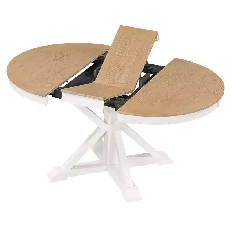 54IN Retro Extendable Dining Table, Foldable Table with a 12IN Leaf, Round Table for Dining Room, Living Room, Kitchen