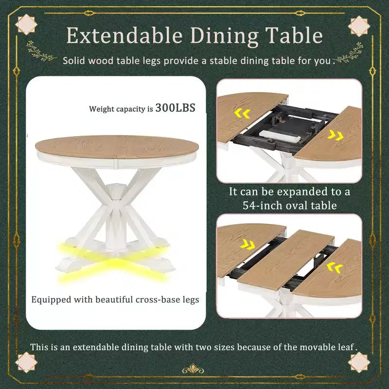 54IN Retro Extendable Dining Table, Foldable Table with a 12IN Leaf, Round Table for Dining Room, Living Room, Kitchen