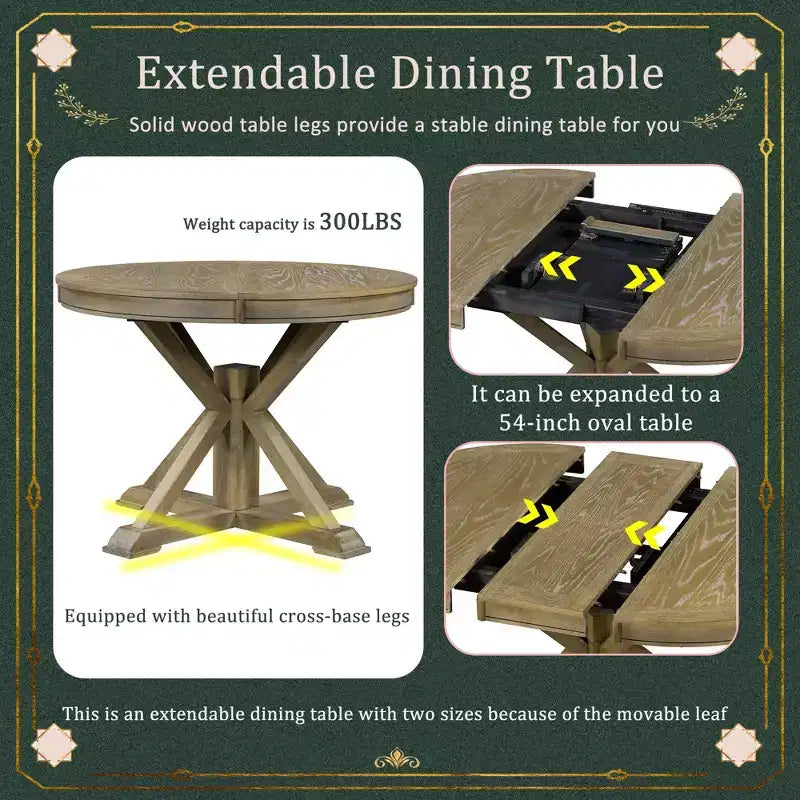54IN Retro Extendable Dining Table, Foldable Table with a 12IN Leaf, Round Table for Dining Room, Living Room, Kitchen