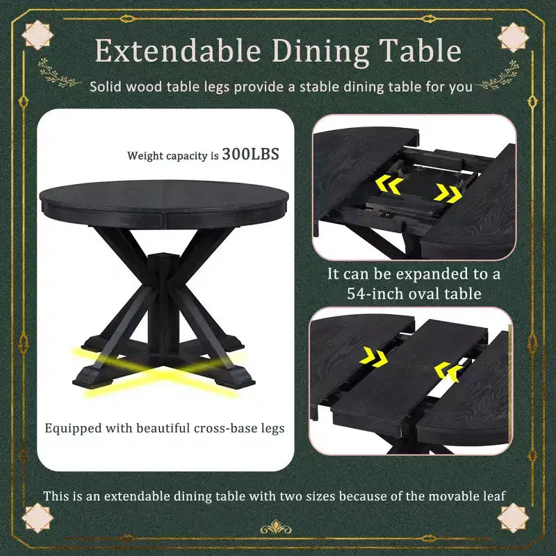 54IN Retro Extendable Dining Table, Foldable Table with a 12IN Leaf, Round Table for Dining Room, Living Room, Kitchen
