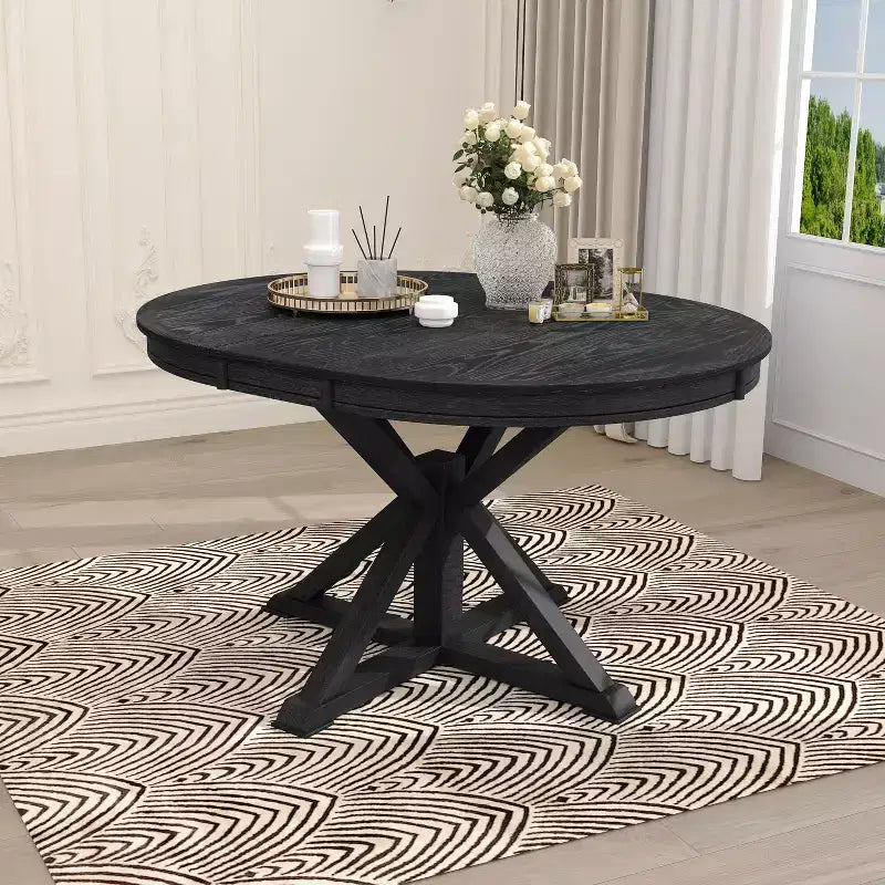54IN Retro Extendable Dining Table, Foldable Table with a 12IN Leaf, Round Table for Dining Room, Living Room, Kitchen