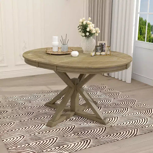 Okak 54IN Retro Extendable Dining Table, Foldable Table with a 12IN Leaf, Round Table for Dining Room, Living Room, Kitchen