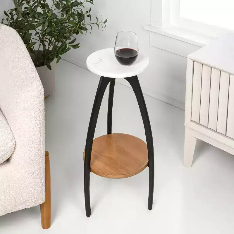 24.5" Designer Metal Tripod Drink Table & Decorative End Table with White Marble Round Top & Wood Undershelf
