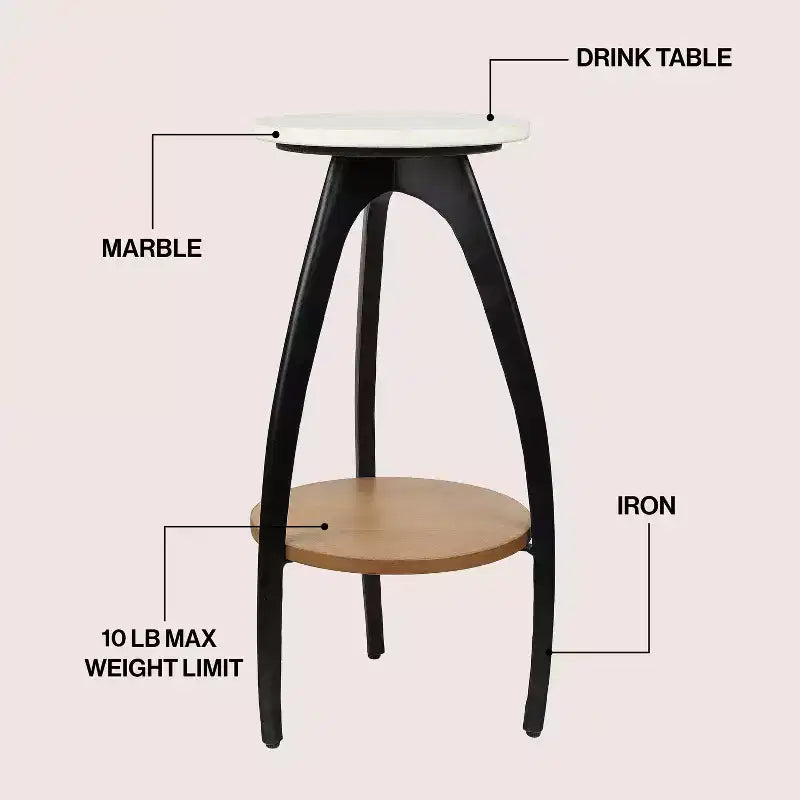 24.5" Designer Metal Tripod Drink Table & Decorative End Table with White Marble Round Top & Wood Undershelf