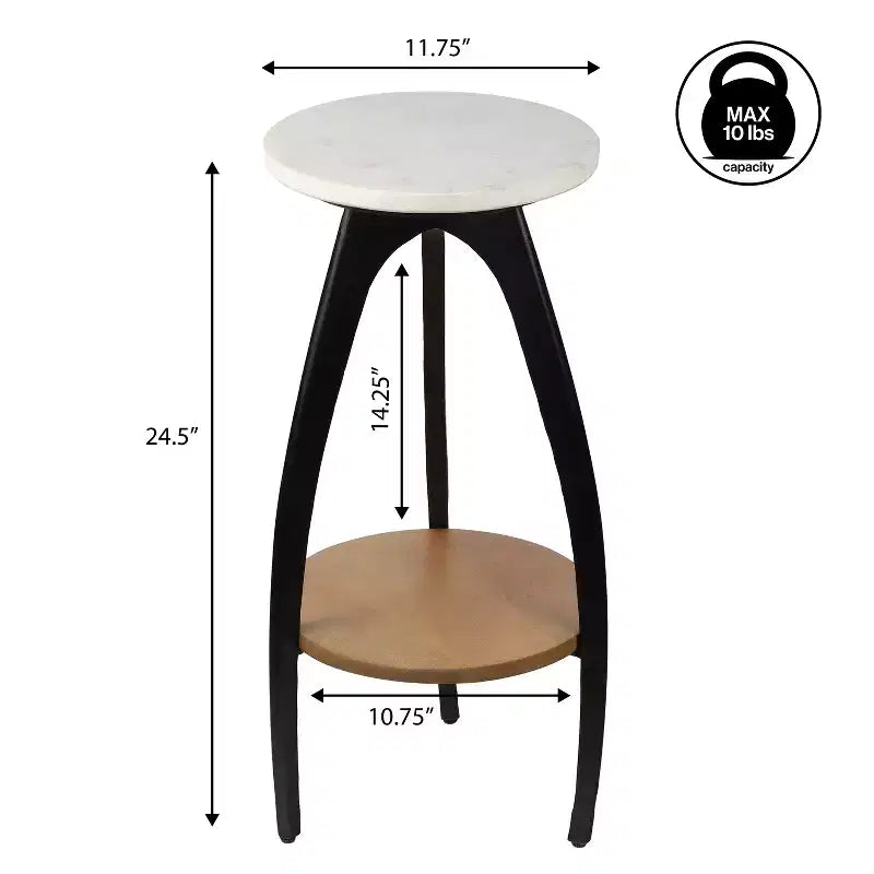 24.5" Designer Metal Tripod Drink Table & Decorative End Table with White Marble Round Top & Wood Undershelf